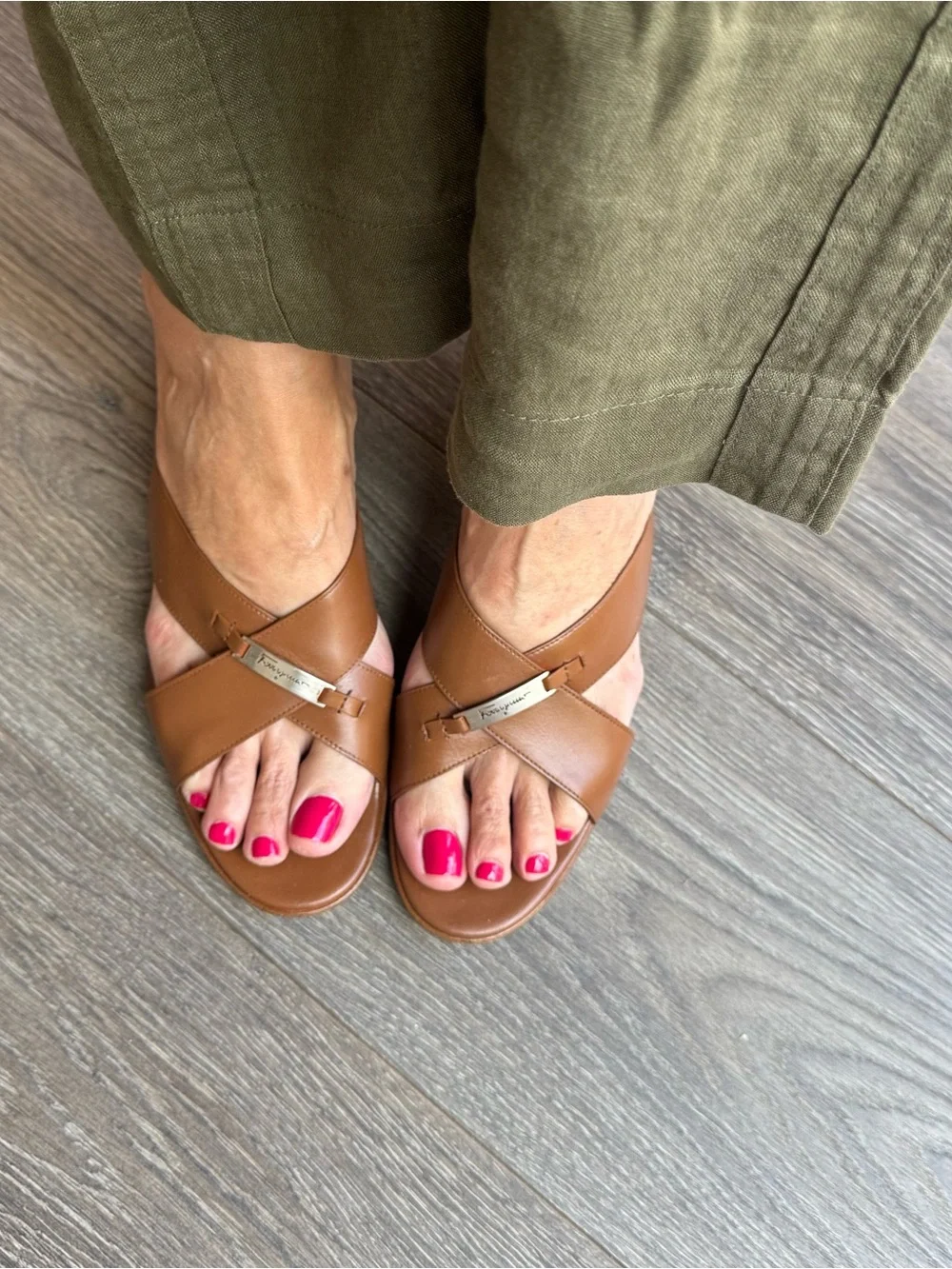 Ferragamo Brown Leather Crossover Slide Sandals
